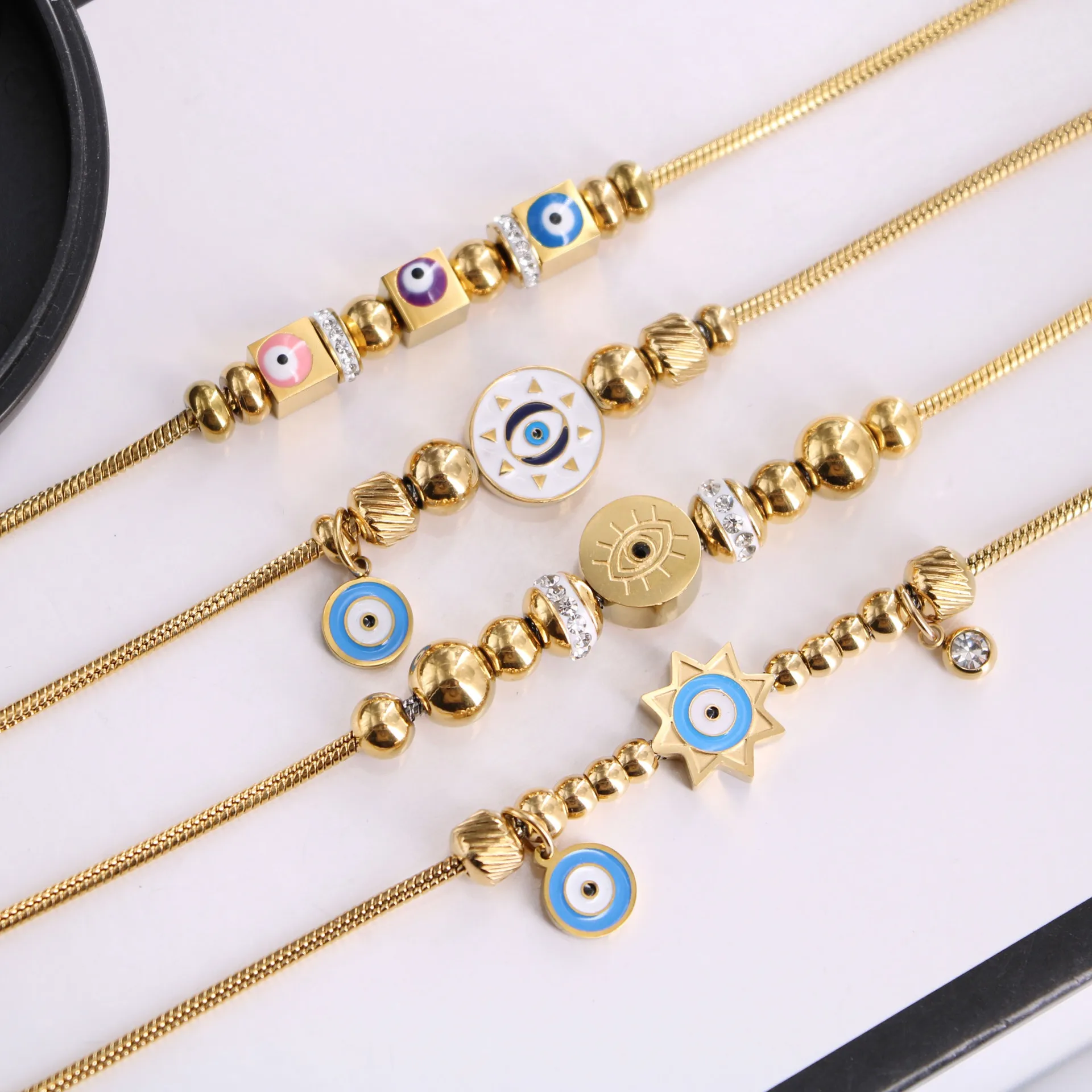 

Gold Plated Cute Tiny Charm Dainty Evil Eye Chain Handmade fashion jewelry Bracelet for Women