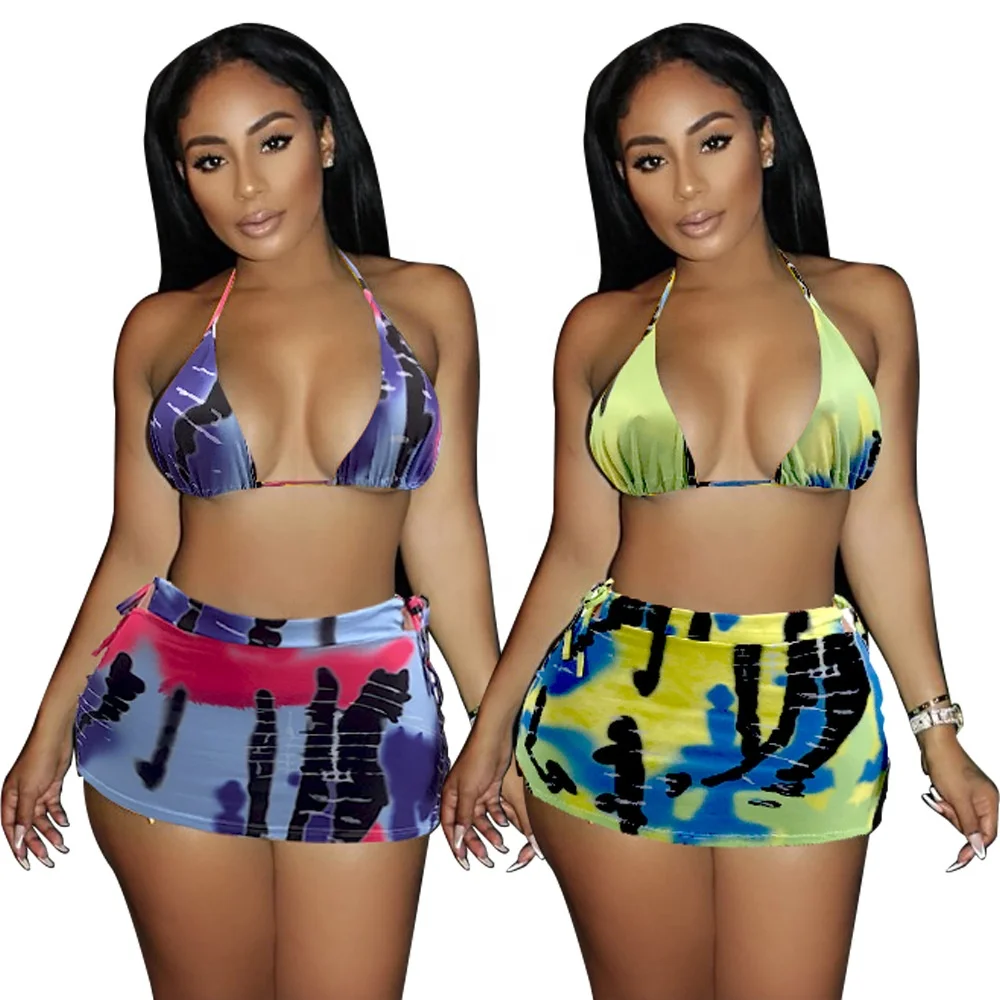 

B64223A 2021 Cross-border Bikini Sexy Fashion Print Tight Skirt Swimsuit Set