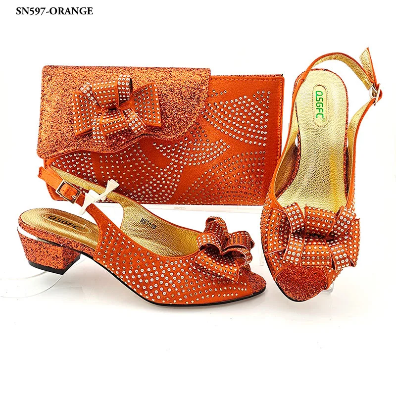 

Italian party orange shoes matching bag with rhinestones 4.8CM luxury women shoes low heels for wedding