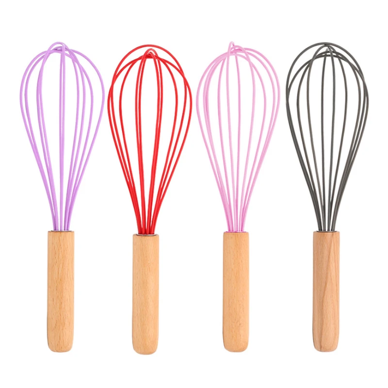 

Food Grade Home Baking Utensils Silicone with Wood Handle Manual Egg Whisk, Purple/red/black