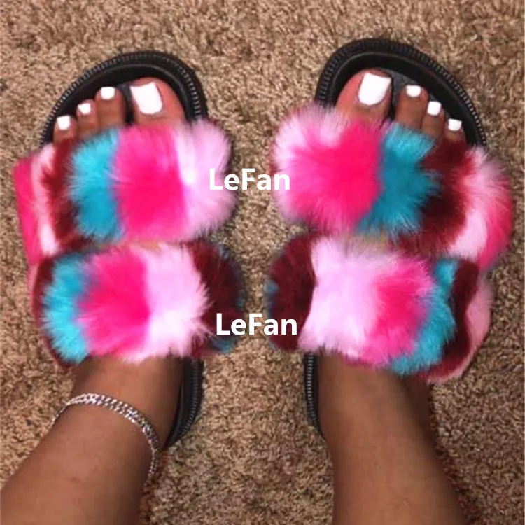 

Custom Fashion Big 2 Straps Fur House Shoes Faux Fox Slippers Women Two Strap Fur Slides, As pictures or customized color