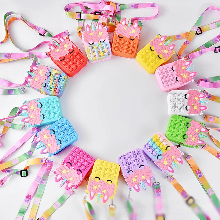 

Christmas Gifts Colorful Rainbow Unicorn Women Girls Kid Jelly Silicone Popoit Fidget Toy Purse Phone Makeup Mini Shoulder Bag, As per picture