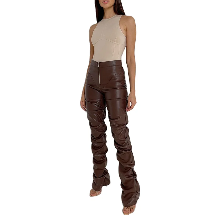 

K20P11298 2021 new Women Faux Leather High Waist Straight Pants Popular Streetwear Trousers Femme Elegant THIN Slacks Pants