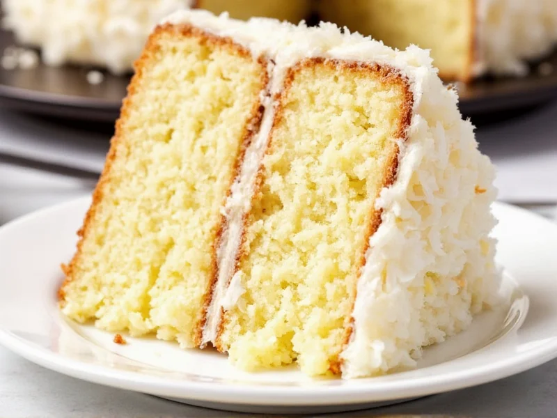 Slice of homemade coconut cake showing tender crumb