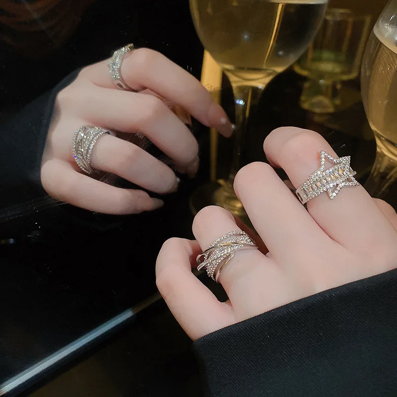 

KAITIN Simple Zircon Star Open Rings Silver Plated Geometric Halo Rings Jewelry Adjustable Fashion Jewelry Accessories
