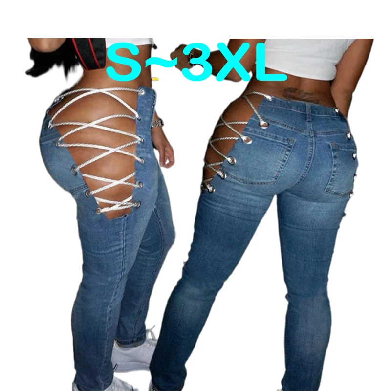 

2021 Europe Spring Summer Autumn new style Women's Fashion Plus-Size S-3XL Bandage Sexy Casual Slim Jeans