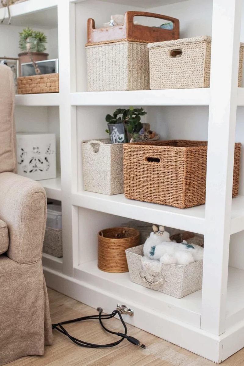 Macrame basket hanging along a wall concealing electrical cords