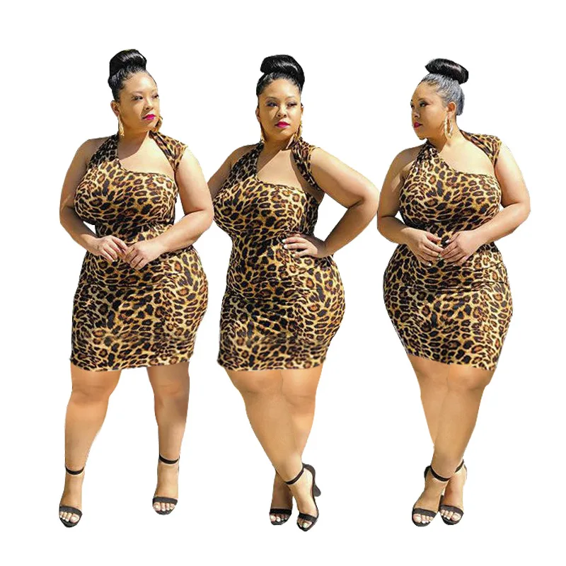 

F22143A Summer Fashion Leopard Print Plus Size Dress Sexy Irregular Collar Slim Plus Size Dress for Women, As picture