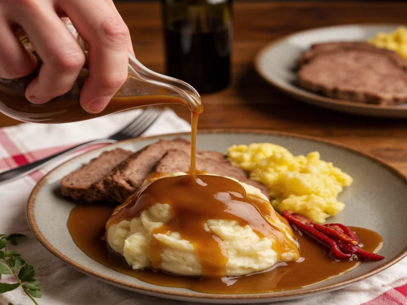 Pouring rich brown gravy over mashed potatoes and roast dinner