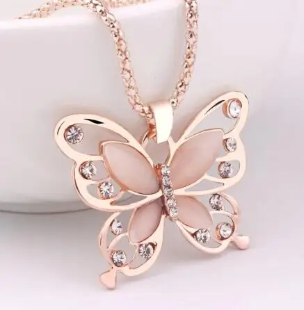 

Flawless Women Lady Necklace Choker Pendent Rose Gold Opal Butterfly Pendant Exquisite Necklace Sweater Chain Christian Gift, Silver