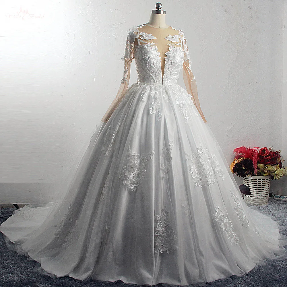 

RSW1572 Elegant Lace Ball Gown Long Sleeves Wedding Dresses 2019 Gelinlik Sweetheart Sheer Back Princess Illusion Bridal Gowns, Customer made
