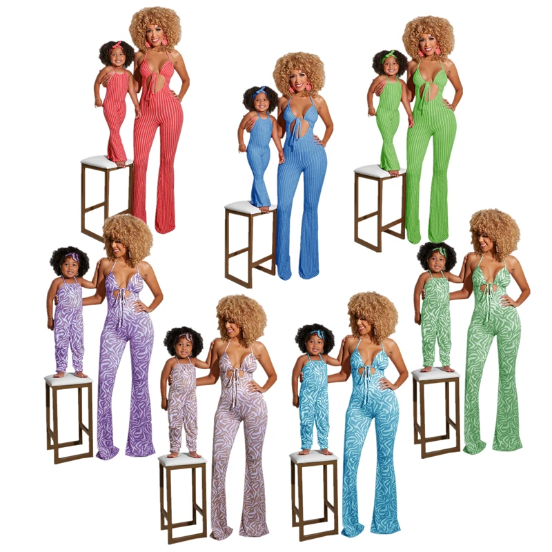 

Wholesale Mommy and Me Jumpsuit Women long pants fashion onesie Baby Girls Rompers stripe Print Summer Mommy and Me Outfits, 15 colors