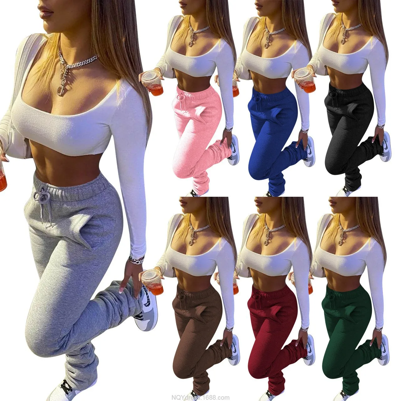 

Embroidery Stacked Sweatpants For Women Patchwork Fashion Sporting Joggers with Slit Women Stacked Pants