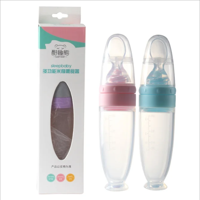 

RTSWY-174 Silicone Baby Bottle With Spoon Fruit Rice Cereal Bottles Squeeze Spoon Milk Feeding Cup Food