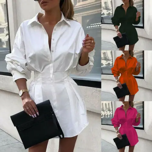 

2020 Autumn New Designs Women Button Down Dress Lace Up Long Sleeve White Shirt Dress, White, black, fuchsia and orange