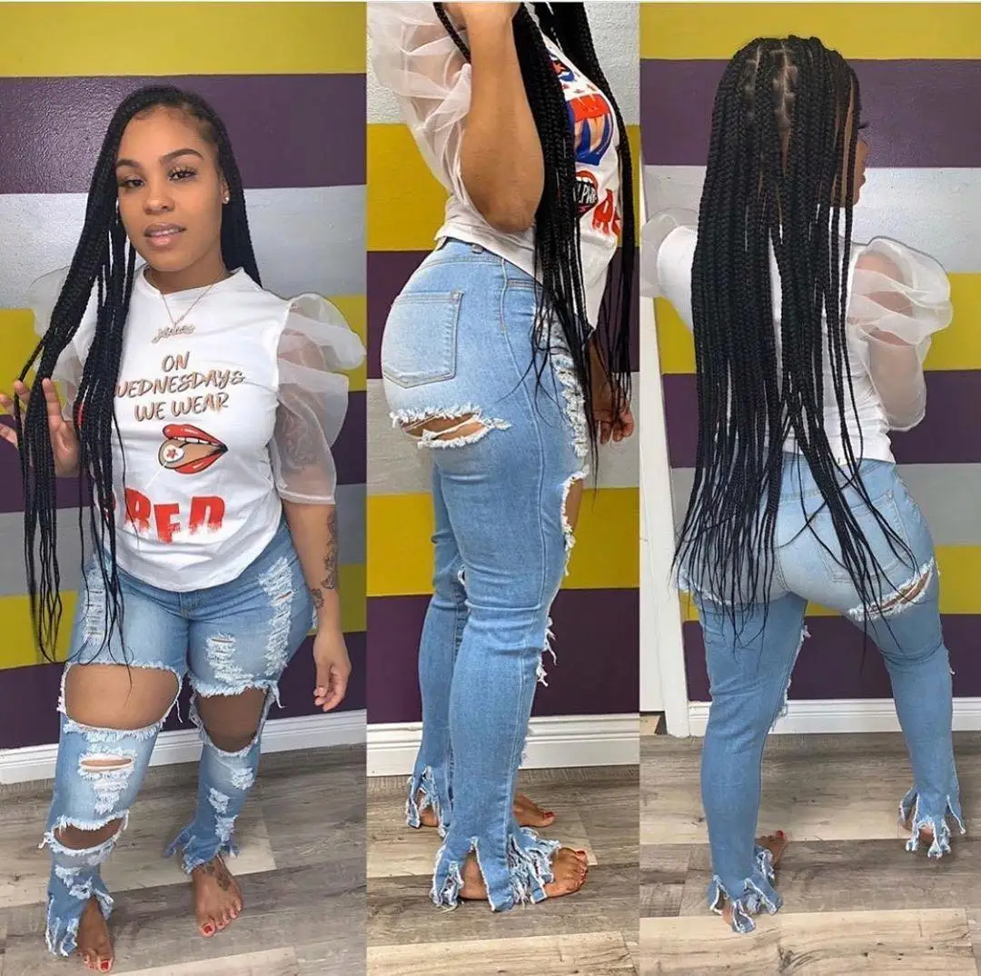 

2020 Women's Fashion Versatile Jeans With Flowered Holes And Small Tassel Jeans Thin Denim Trousers, As pictures