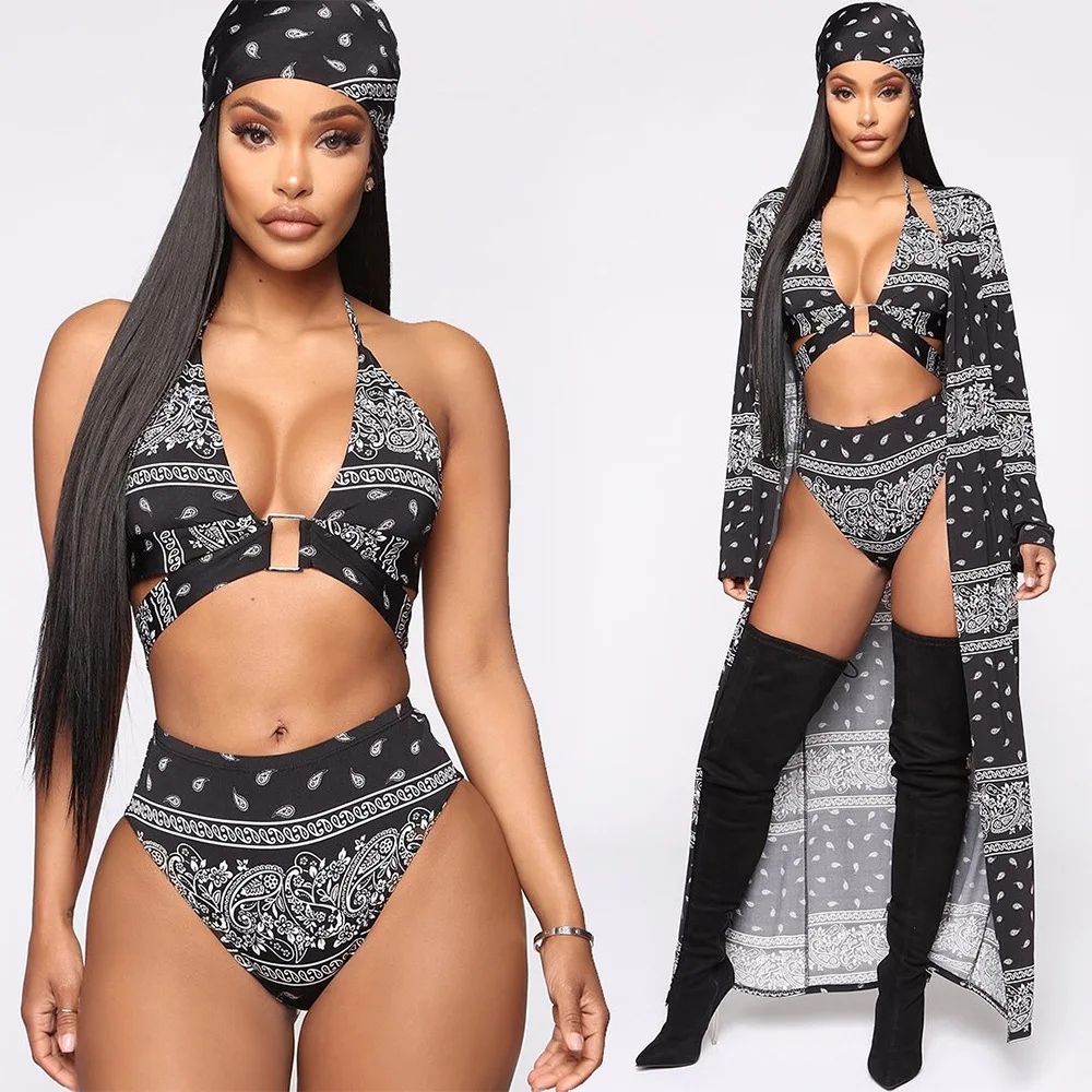 

Custom Summer Lady Woman Sexy 3 4 Piece Set African Print High Waist Swim beach wear Bathing Suit Swimwear Bikini with Cover Up