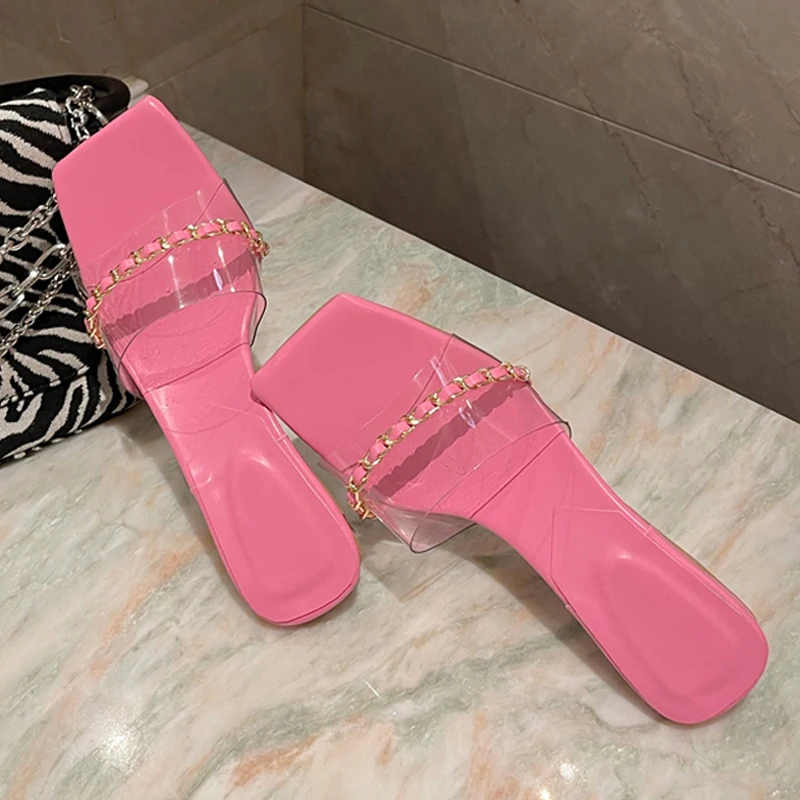 

2021 New PVC Transparent Women Slipper Summer Outdoor Sandals Fashion Chain Design Slip On Ladies Low Heels Slides Shoes