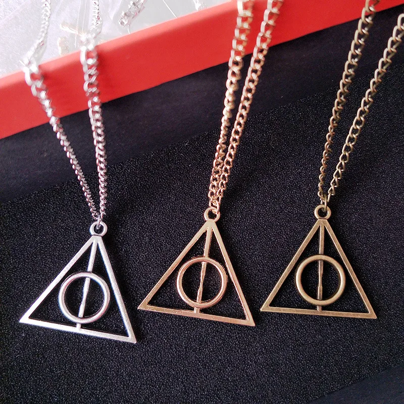 

Harry Potter Hallows Pendant Necklace Retro Triangle Round Sweater Chain Necklace