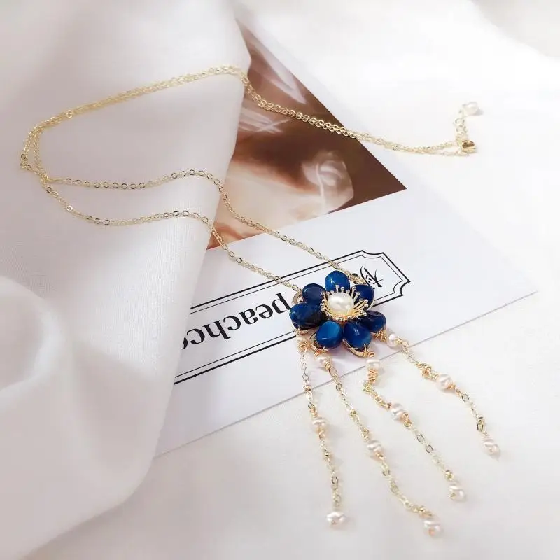 

Freshwater Pearl Necklace Blue Flower Pendant for Women Sweater Chain Necklace Collar Stylish Personality Fine Jewelry
