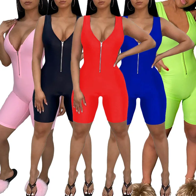 

Fashion Solid Backless Sexy Women Rompers V neck with Zipper Short One Piece Jumpsuit for Women