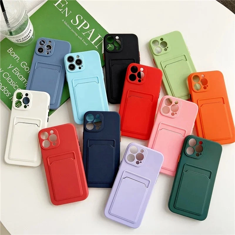 

Cell phone Lens Protection shockproof Liquid Silicone with Card Slot Holder Wallet Case For iPhone 13 X XS XR 11 12 13 Pro Max