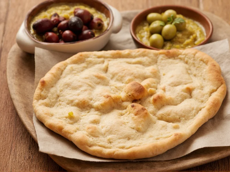 Homemade pita bread served with hummus and olives