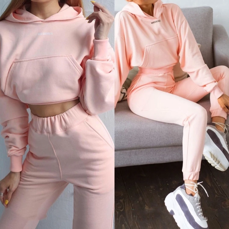 

Wholesale New Style Women Winter Fashion Clothing Ladies Casual Solid Hoodie Set Womens Two Piece Set, Yellow, gray, black, pink, wine red