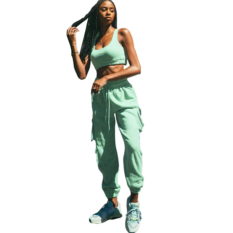 

Foma clothing K20P09024 womens jogger sets wholesale 2020 2 piece set women crop top for Sweatsuit Set