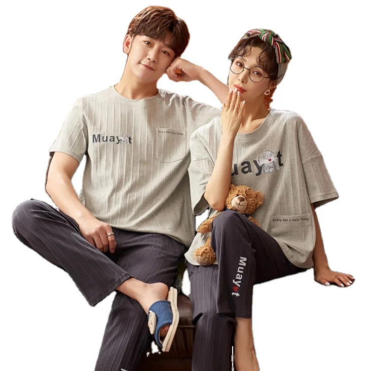 

Couple pajamas summer women men nightwear cotton pajamas couple spring autumn short sleeves long pants pajamas