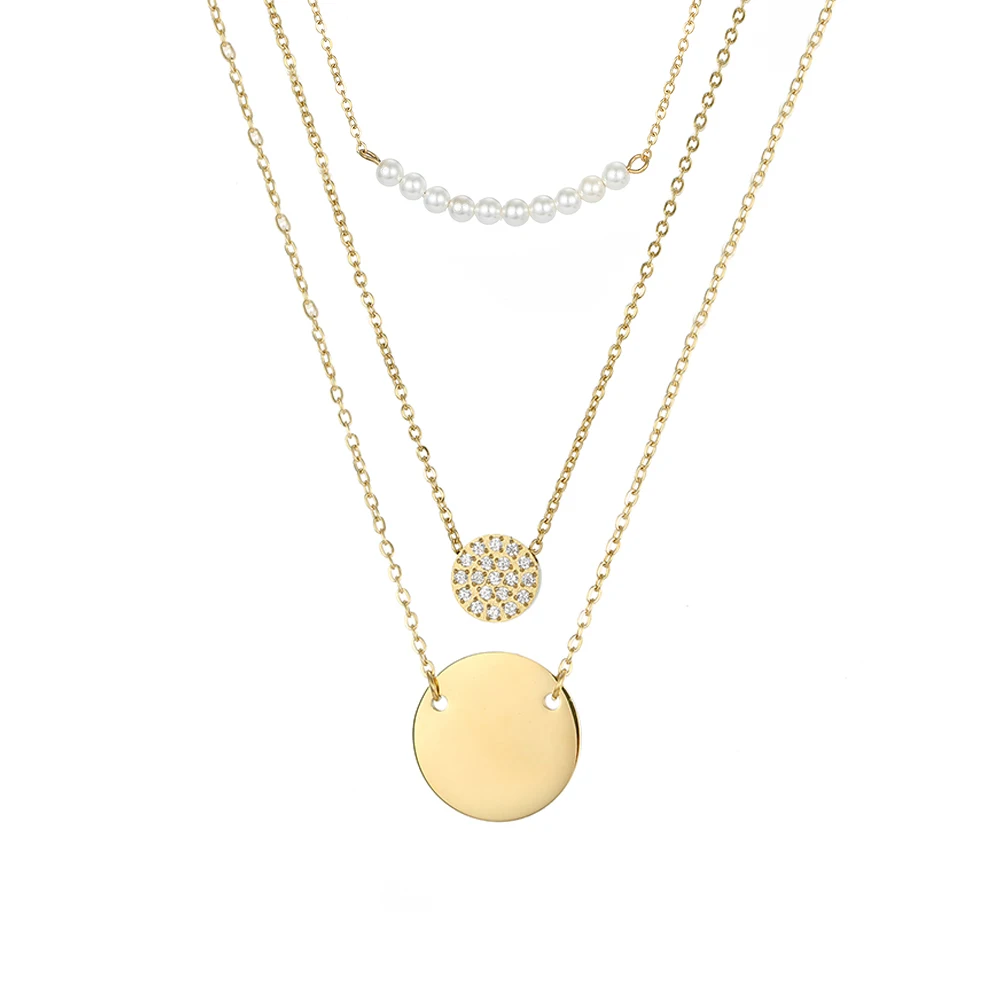 

JUJIE Pearl Double Hole Coin Multilayer Pendant Women's Fashion Jewelry Stainless Steel Crystal Choker