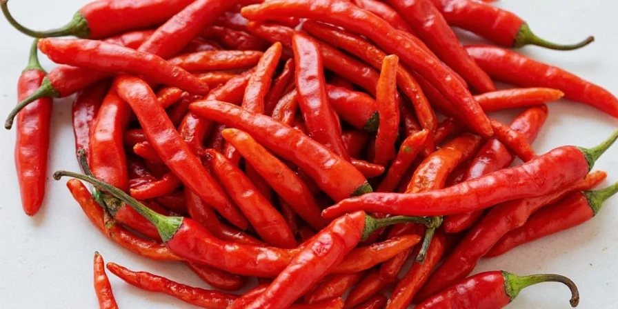 Assorted dried chilies hanging in a kitchen