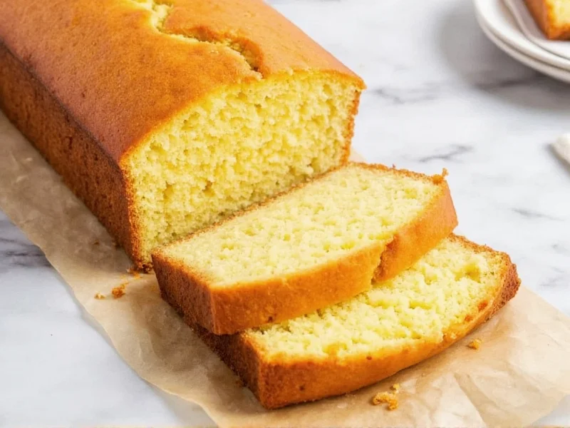 Golden homemade pound cake sliced on marble