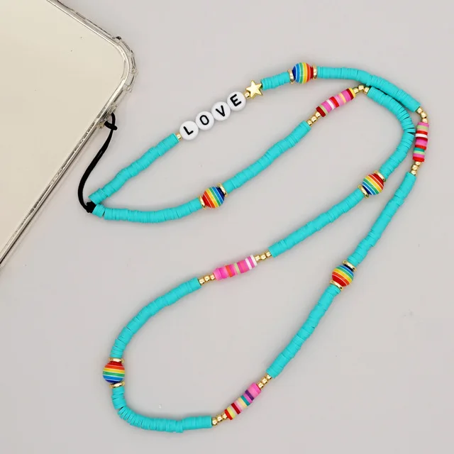 

PC1058 Long Colorful Polymer Clay Heishi Evil Eye Love Beaded Phone Charms,Kawaii Phone Lanyard Straps Chains