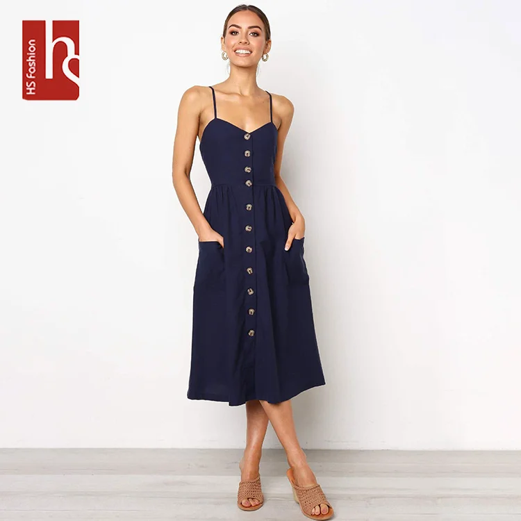 HS Fashion Summer Breathable Polyester Sleeveless Women Girl Colorful Casual Midi Dress with Button