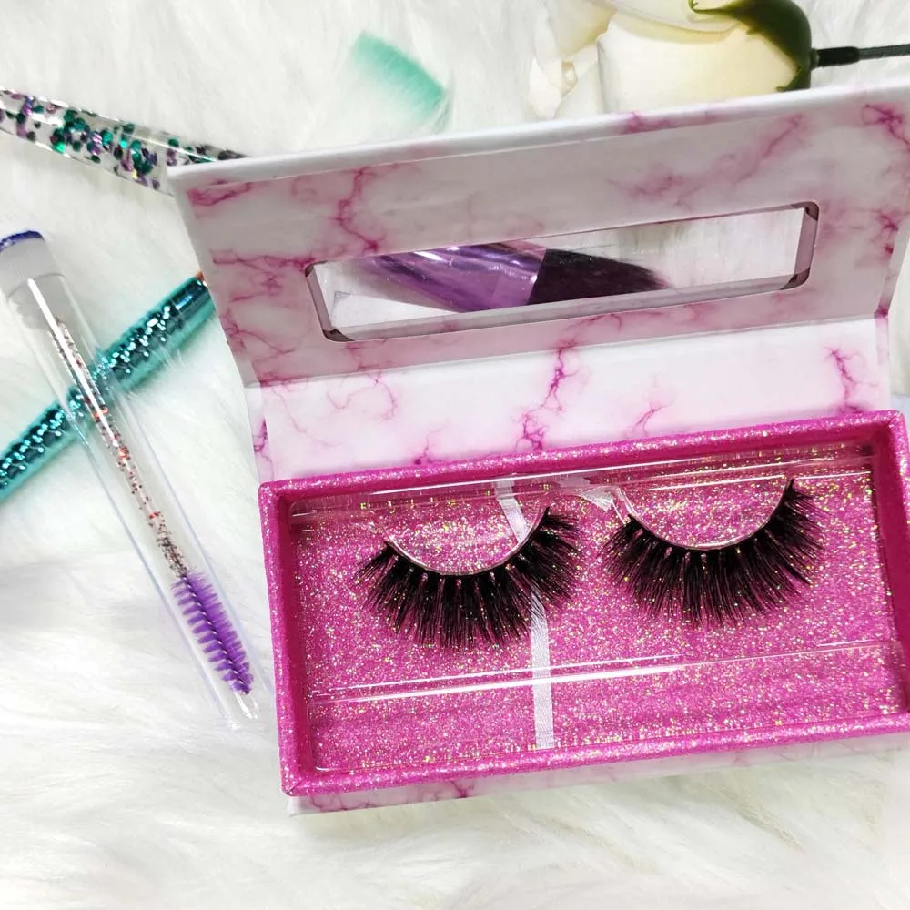 

2019 Wholesale Private Custom Chain Light Pink Bling Marble Packaging Eyelash Box With Silk Rainbow Strip Wispy 3d Mink Lashes, Natural black