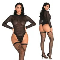 

Women Erotic Mesh Jumpsuit Sexy rhinestone Bodysuit Underwear Club Bar with stocking suit