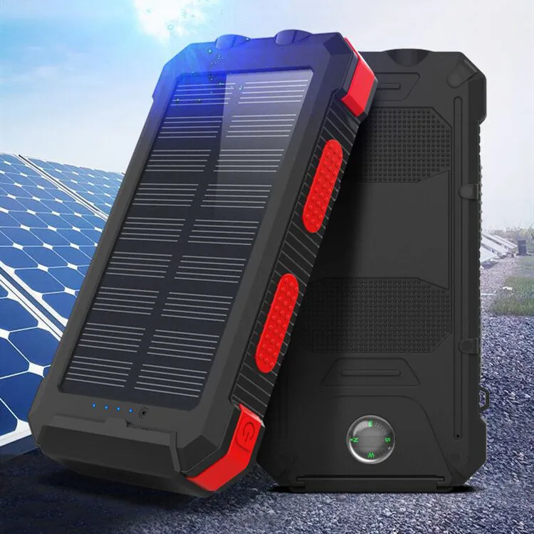 

Dual USB Waterproof Solar Power Bank 20000mah Portable Solar Power Bank With Compass For Outdoor/Indoor, Black red blue green orange