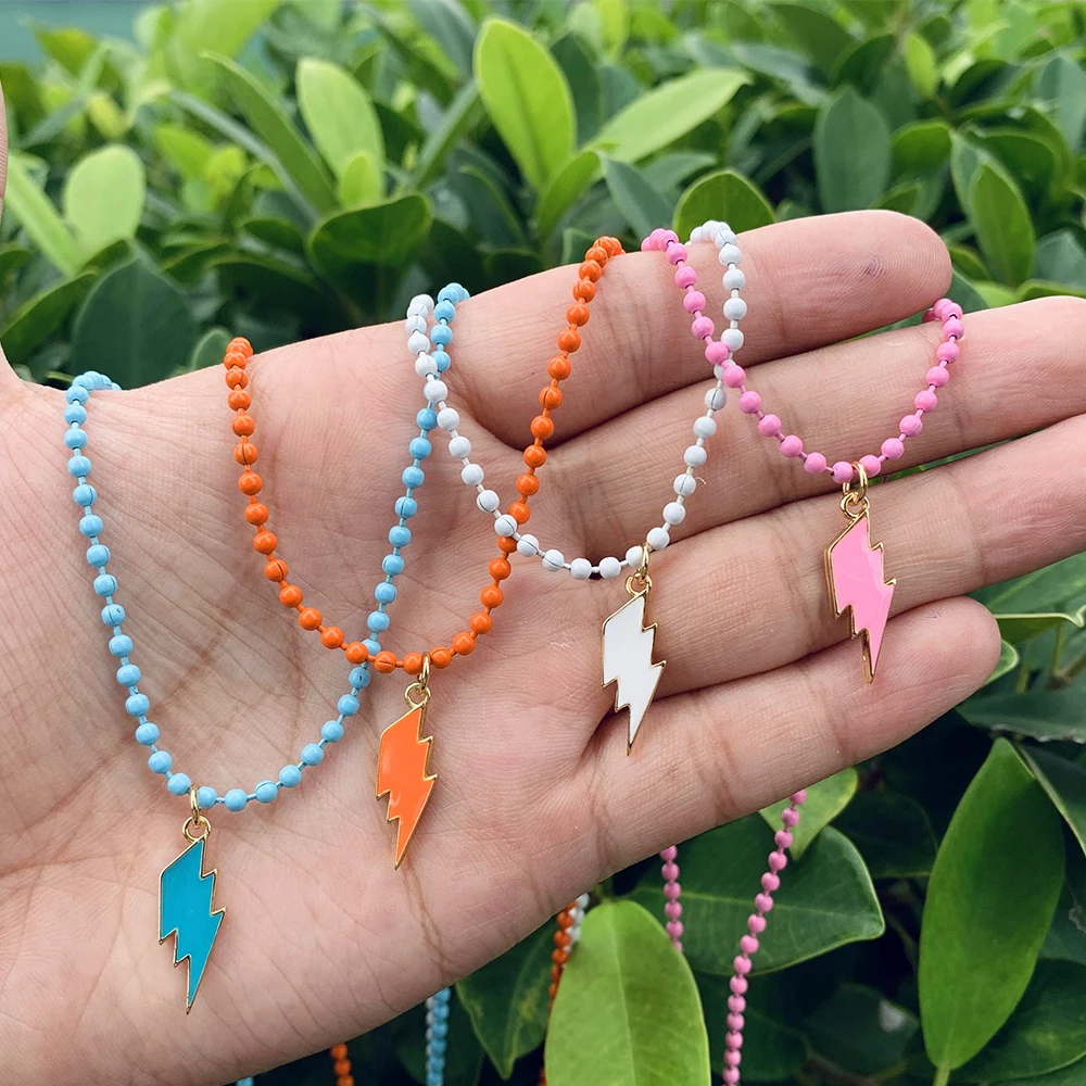 

Lightning Shape Rainbow Enamel Charms Pendant Colorful Enamel Round Beads Chain Link Necklace Multi-color Matching Necklace