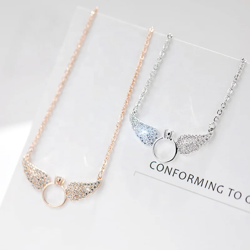 

QIANZUYIN Customized Fashion Personality Jewelry Ring Wings Rhinestone Zircon Female Pendant Diamond Necklace, Picture