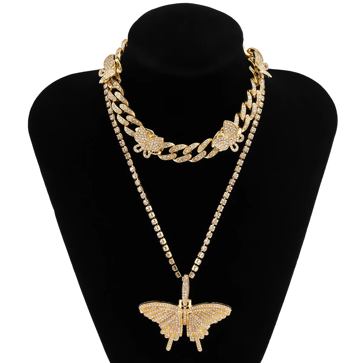 

2021 Most popular fashion rhinestone cuban link diamond butterfly tennis choker butterfly necklace for women