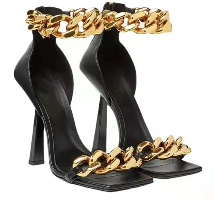 

2021 High Heel Women Square Toe Thin Heels Metal Chain Female Shoes, Picture