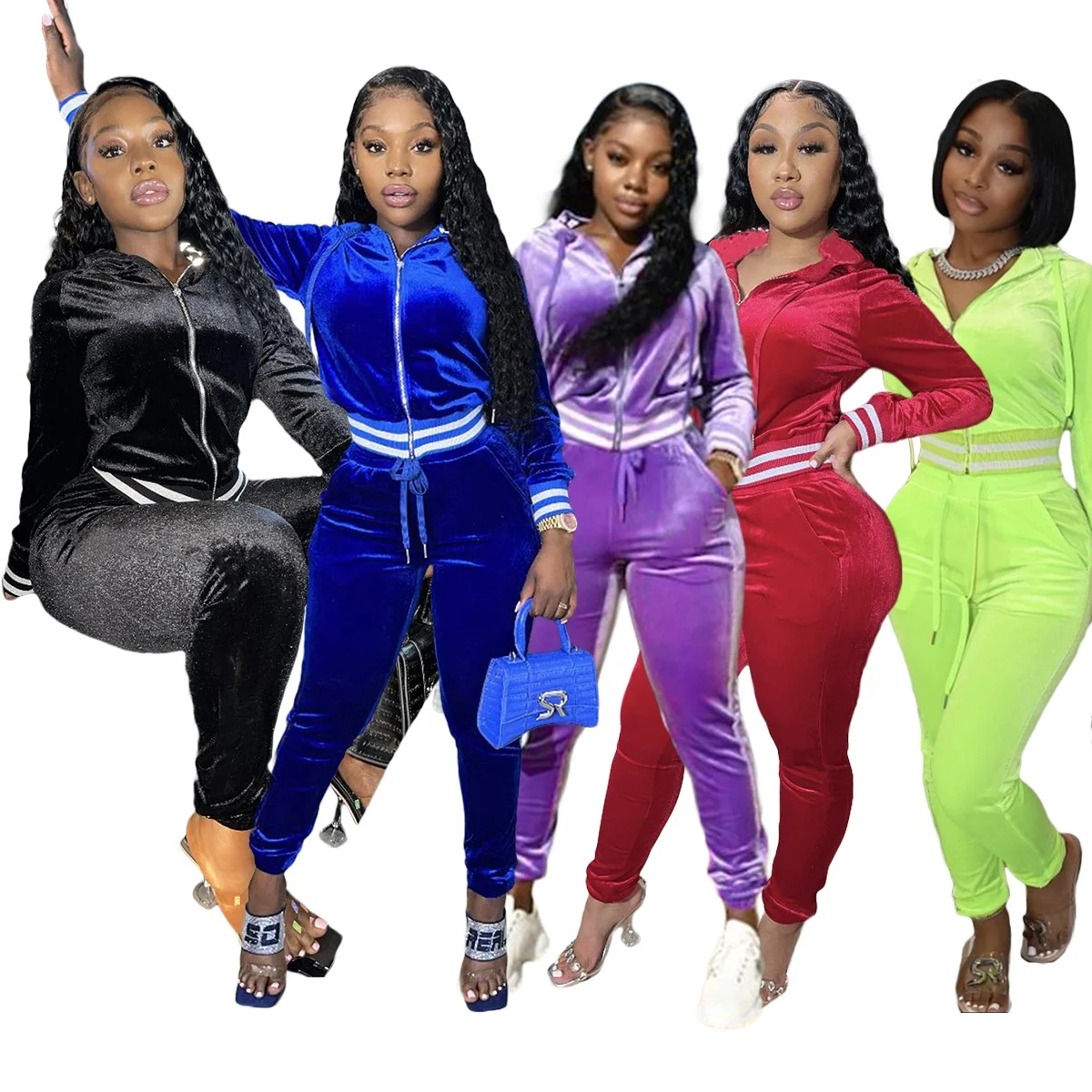 

2021 New Ladies Velvet Outfits Zip Up Hoodie Track Pants Jogger Fall Winter Women Sweatsuit 2 Piece Set, Picture