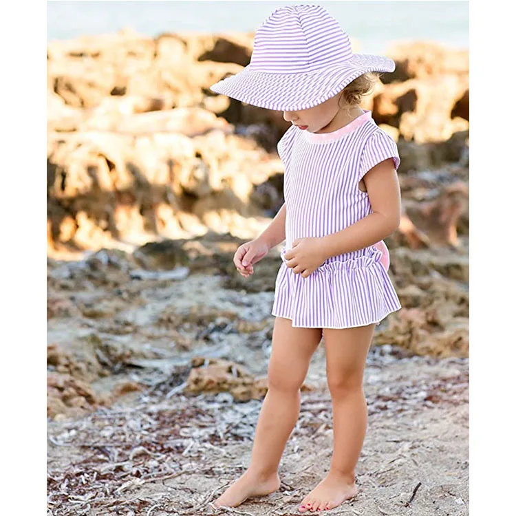

Wholesale Infant Children Girls Peplum Short Sleeve Ruffle Butts Striped One Piece Baby Swimwear With Bow Knot, Provide color chart
