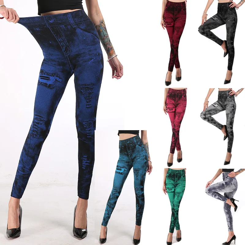 

Women Thin Jeans Leggings High Waist Slim pencil fit trousers Fake Denim Pants Trousers