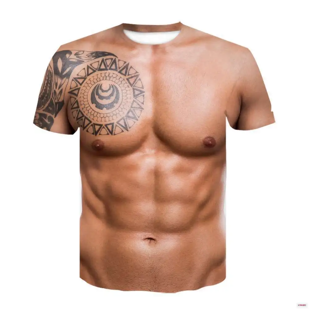 

JCOSTNG Manga Corta Hot Sale Muscle Tattoos T-shirts 3D Print Strong Pectorales Pattern T Shirt Abdominal Gym T-Shirts Top, As picture shown