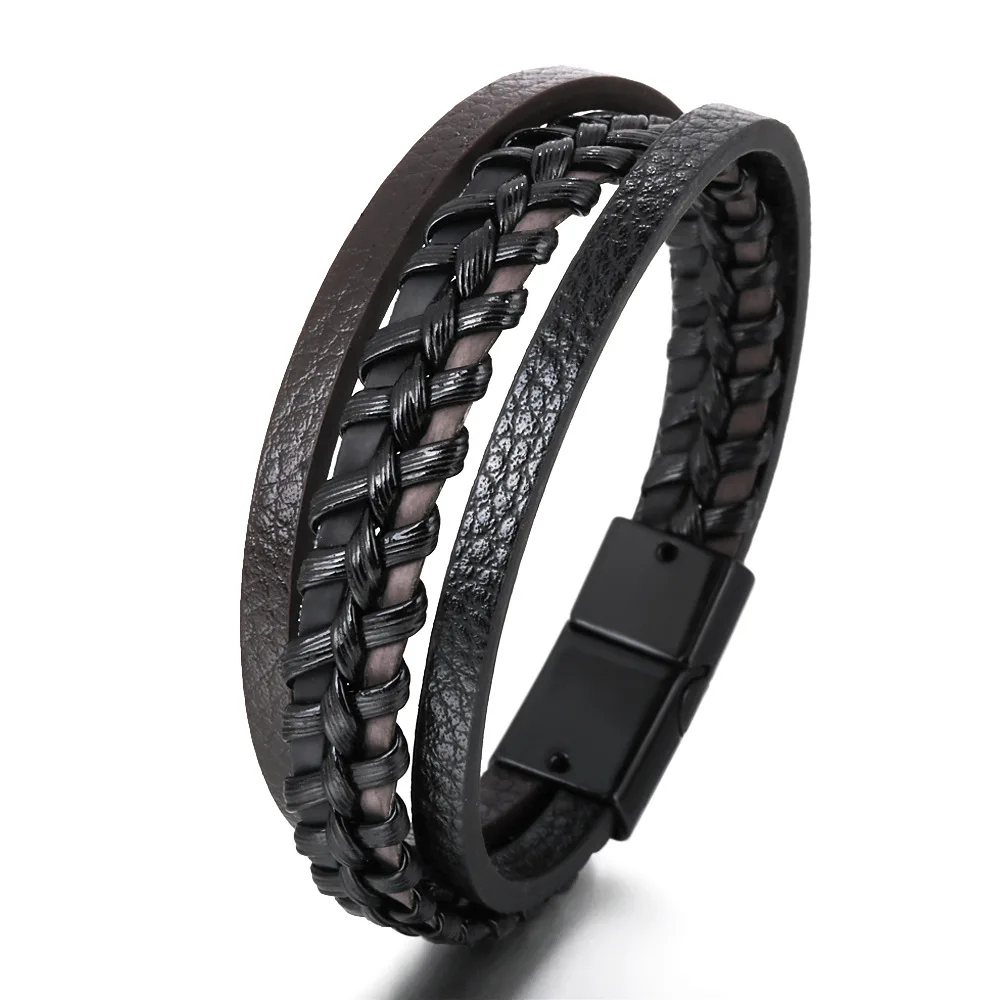 New Arrival Mens Leather Bracelet with Magnetic Clasp Multi-Layer Braided Leather Mens Bracelet For Men