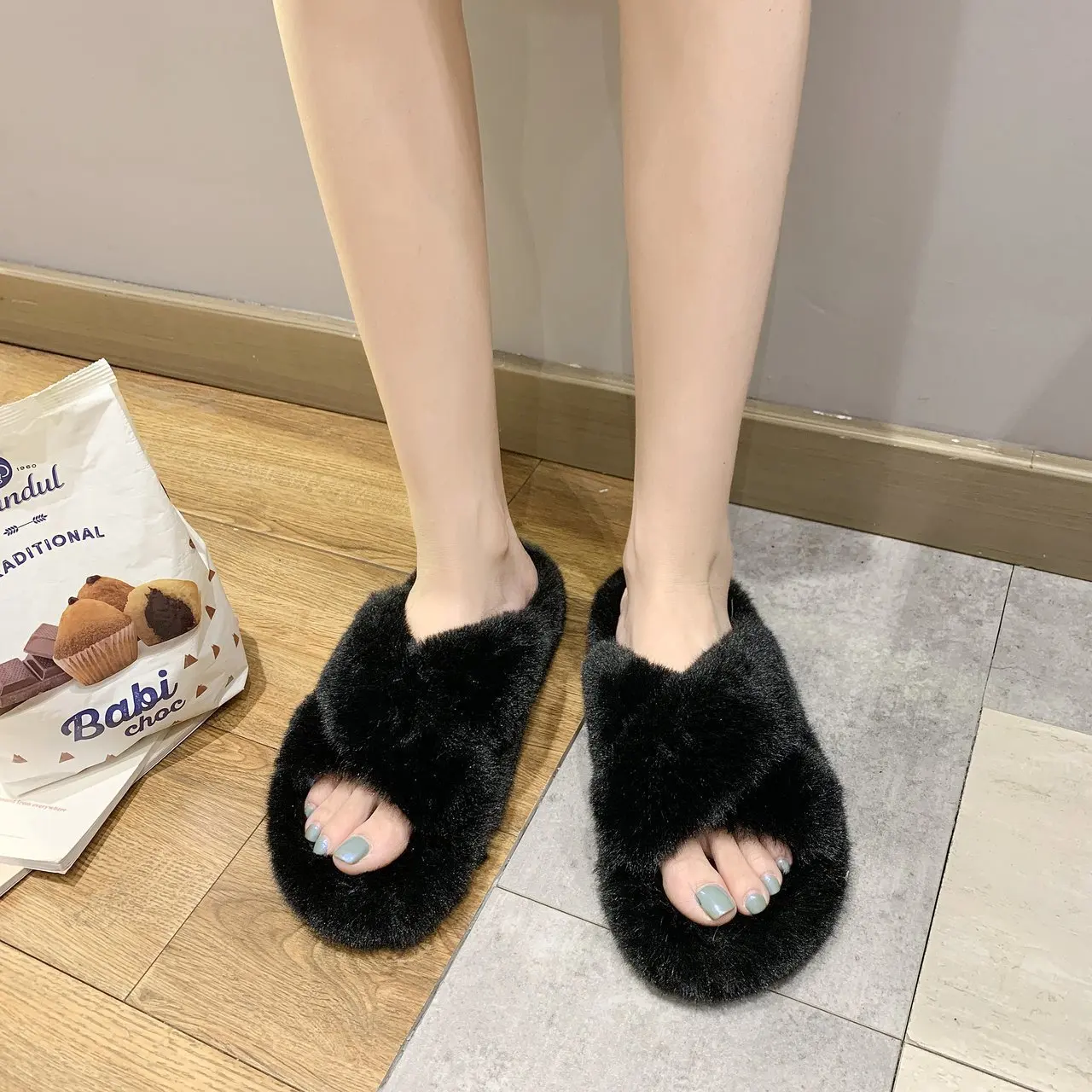 

Colorful candy home comfort outdoor novel design plush fur slippers women's sandals