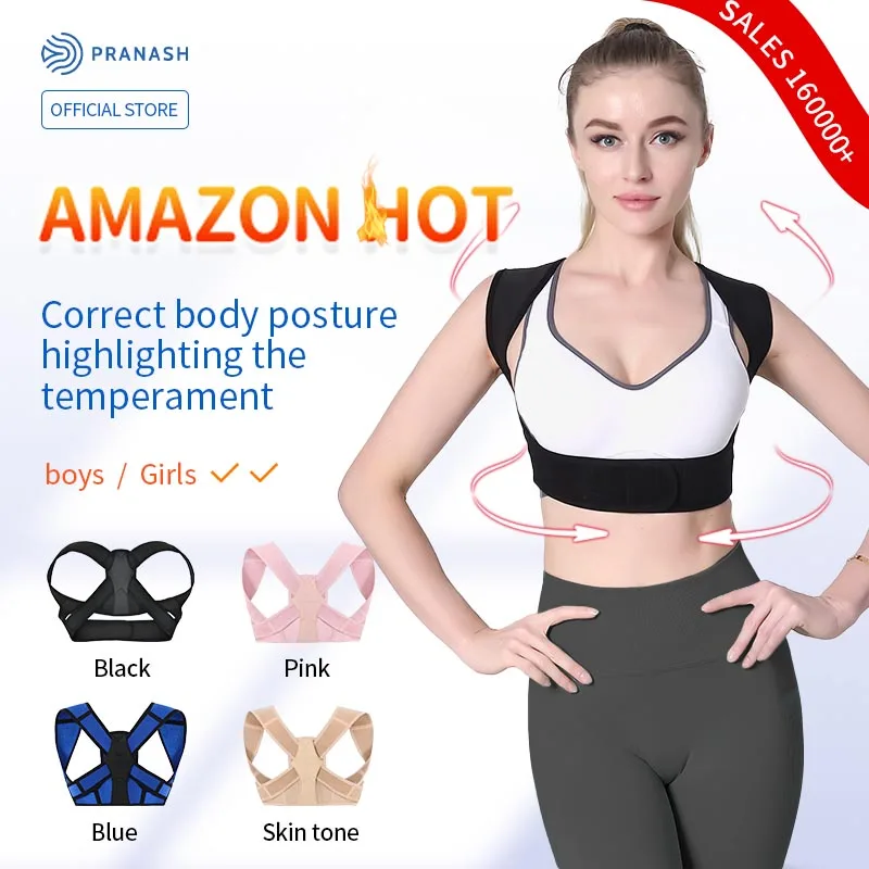 

2021 Amazon hot sale factory adjustable upper back corrector de postura support belt posture brace, Black/pink