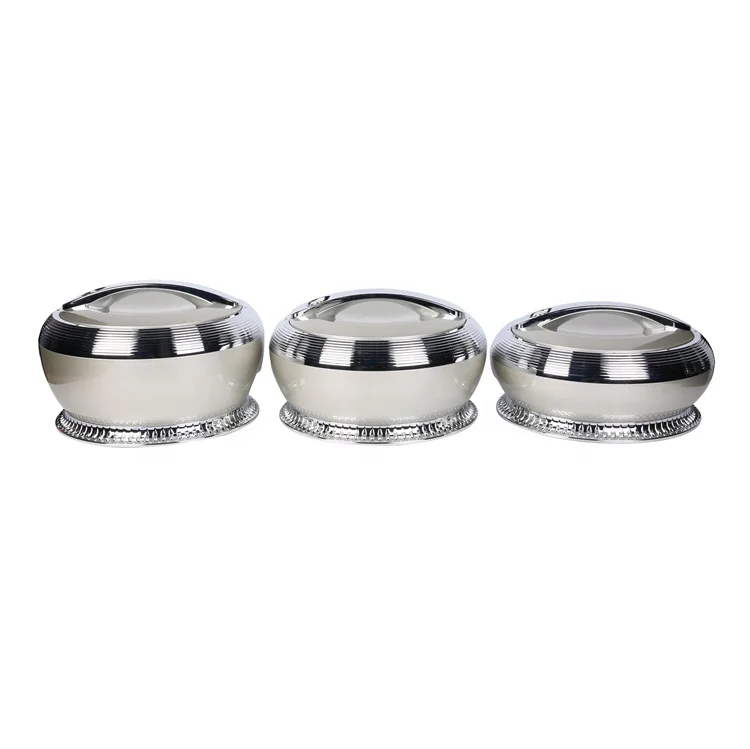 

Forever Gold Food Keep Warm Stainless Steel Casserole Container 4L 5L 6L Button Cover Silver Plated Casserole 3 Pcs Sets